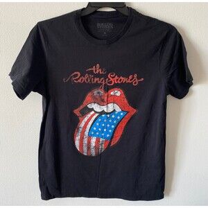 Rolling Stones T-Shirt Sz M Black USA Flag Tongue Logo Rock Band Graphic Tee